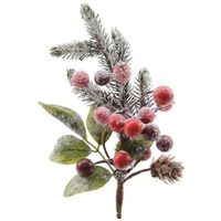 Kerststukje stekertje met bessen en sneeuw groen/rood 20 cm - thumbnail