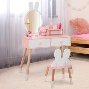 Kinderen Kaptafel en Stoelenset 2-In-1 Prinses Make-up Dressoir Bureau met Spiegel 2 Laden & Opbergplank Schattig Konijn Roze en Wit