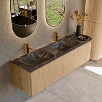 Mondiaz KURVE-DLUX 155 cm Onderkast Greeploos 2 Lades Met Deuren Oak, Wastafel Solid Surface Links Lava 2 Kraangaten Zonder Spiegel (KRVLEA155R2L1D2KD-Oak/Lav)