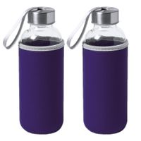 2x Stuks glazen waterfles/drinkfles met paarse softshell bescherm hoes 420 ml