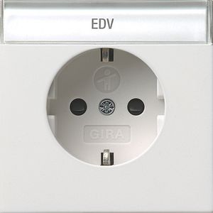 Gira F100 wandcontactdoos met randaarde, tekstkader en KBV zuiverwit glanzend