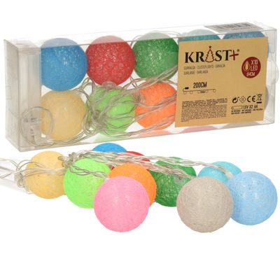 Set van 2x stuks feestverlichting lichtsnoer met katoenen balletjes 4 cm gekleurd 200 cm