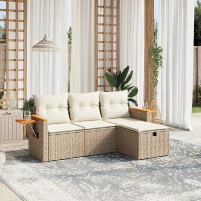 4-delige Loungeset met kussens poly rattan beige
