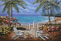 Schilderij -  Metaalschilderij -Het Paradijs, Strand, Palmbomen en Zee,  3D, 120x80cm