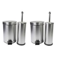 Badkamerset - 4x - Toiletborstel met Pedaalemmer - RVS - zilverkleurig