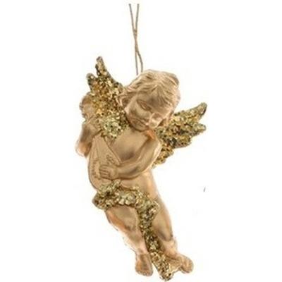 Decoris engel met lute - goud - kunststof - 10 x 6 cm - kerstversiering - hangdecoratie