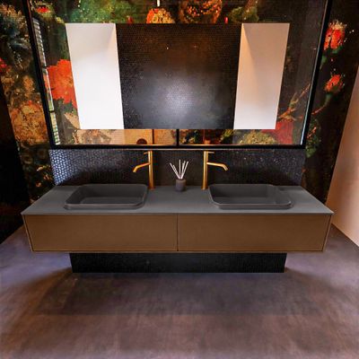 Badkamermeubelset Mondiaz Erin 200 cm met 2 Lades met RIDGE Wastafel Dubbel Dark grey met 2 kraangaten Greeploos Mat Rust