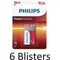 6 Stuks (6 Blisters a 1 st) Philips Power Alkaline batterij 9V