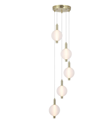Hanglamp Luminique LED 5Lt, Satin Brass Metal with Glass