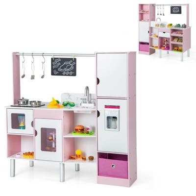 2-In-1 Kinderkeuken en Winkelwinkel Speelkeuken met Licht en Geluid Ijsmaker & Bord Incl. 82 Accessoires Speelkookset voor Kinderen 3+