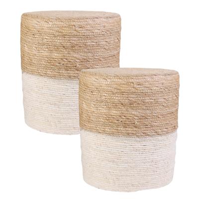 Bijzet poef Mirage - 2x - Ibiza/boho - beige - MDF - 35 x 41 cm - gevlochten