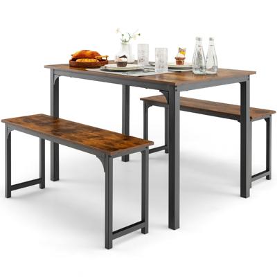 Eettafel met 2 Banken Keukentafel voor 2-4 Personen met Roestvrij Metalen Frame 3-Delige Set voor Keuken/Woonkamer/Eetkamer