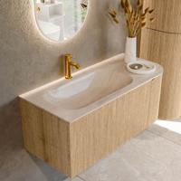 Badmeubel Mondiaz Kurve-Dlux | 105 cm | Meubelkleur Oak | Wastafelkleur Meli | Solid surface | Wasbak linker zijde spoelbak | 1 kraangat