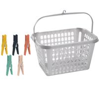 Wasknijper mandje - bakje - zilver - inclusief 52x wasknijpers - kunststof - knijpermandje