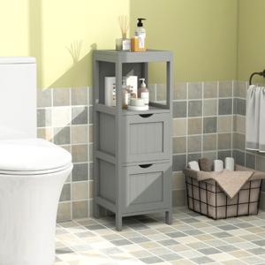 Badkamerkast Smal met 2 Uitneembare Laden Open Rek en Kantelbeveiliging Houten Opbergkast voor Badkamer 30 x 30 x 90 cm (Grijs)