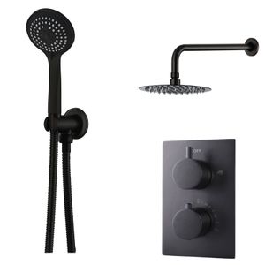 Regendouche set SaniClear Nero | Inbouw | Thermostaatkraan | 2-weg | Rond | Zwart mat