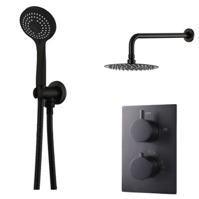 Regendouche set SaniClear Nero | Inbouw | Thermostaatkraan | 2-weg | Rond | Mat zwart