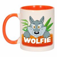 Kinder wolven mok / beker Wolfie oranje / wit 300 ml - thumbnail