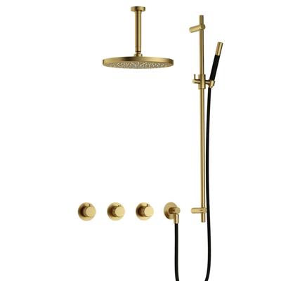 Hotbath Cobber X - CX7067 - Inbouw Regendoucheset - Geborsteld Messing PVD - 2 Stopkranen - Thermostatisch - Plafondbuis 15 cm - Hoofddouche 300 mm - Staafhanddouche - Glijstang 900 mm - met M106 - Waterbesparend