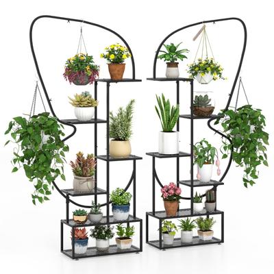 6-traps Metalen Vlinder-vormige Plantenstandaard met 4 Haken Bloemenrek Zwart