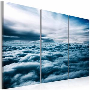 Schilderij - In de Wolken, wanddecoratie, print op canvas, Blauw/Wit, 3luik