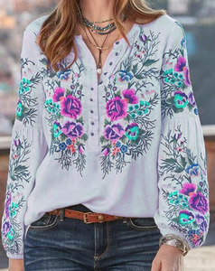 Casual Floral V Neck Long Sleeve Blouse