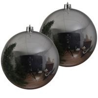 Decoris Kerstbal - 2x - zilver - groot - 20 cm - kunststof - glans - thumbnail