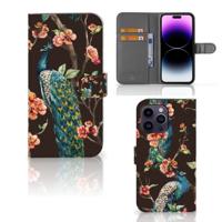 iPhone 15 Pro Max | Telefoonhoesje | Met pasjeshouder | Pauw met Bloemen