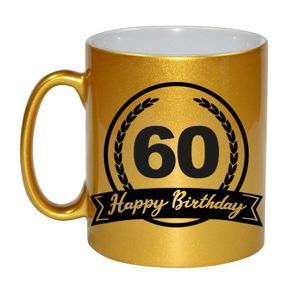 Happy Birthday 60 years met wimpel cadeau koffiemok / theebeker goud 330 ml   -