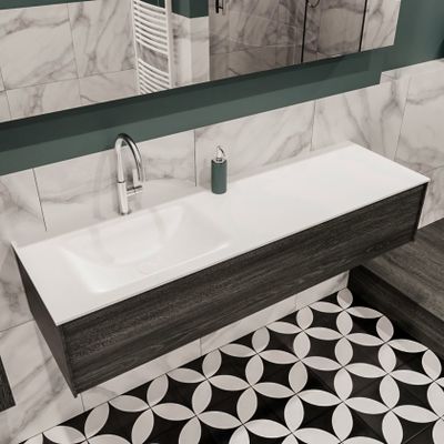 Mondiaz Lush Cloud badmeubel eiken Dark brown 150 cm 1 lade solid surface enkele spoelbak links 1 kraangat