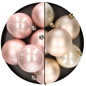 12x stuks kunststof kerstballen 8 cm mix van lichtroze en champagne - Kerstbal