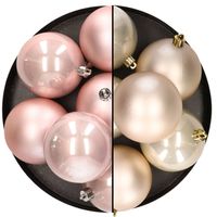 12x stuks kunststof kerstballen 8 cm mix van lichtroze en champagne - Kerstbal - thumbnail