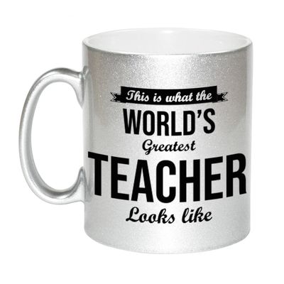 Zilveren Worlds Greatest Teacher cadeau koffiemok / theebeker voor leraar / lerares 330 ml