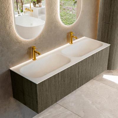 Badmeubel Mondiaz Kurve | 140 cm cm | Meubelkleur Shadow | Wastafelkleur Talc | Solid surface | Wasbak beiden zijden spoelbak | 2 kraangaten