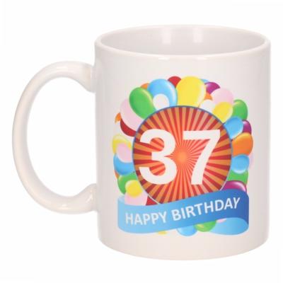 37 jaar Verjaardag koffiemok - cadeau beker - feestelijke ballonnen print - 300 ml - keramiek - wit