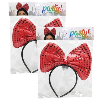 Verkleed diadeem - 2x - grote rode strik met pailletten - jaren 50 thema feest - volwassenen Verkleed diadeem - 2x - grote rode strik met pailletten - jaren 50 thema feest - volwassenen