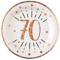 Verjaardag feest bordjes leeftijd - 10x - 70 jaar - rose goud - karton - 22 cm - rond