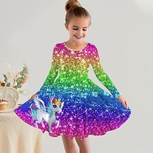 Meisjes 3D Regenboog Eenhoorn Jurk Lange mouw 3D-afdrukken Herfst Winter Sport Outdoor Dagelijks Feestdagen leuke Style Casual Mooi Kinderen 3-12 jaar Casual jurk A lijn jurk Boven de knie Polyester Lightinthebox