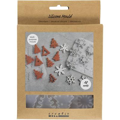 Creativ Company Siliconen vormen, sneeuwvlokken en kerstbomen, h: 0,3 cm, b: 3,5+4,7 cm, met gat om op te hangen, mat transparant, 2 stuk/ 1 stuk