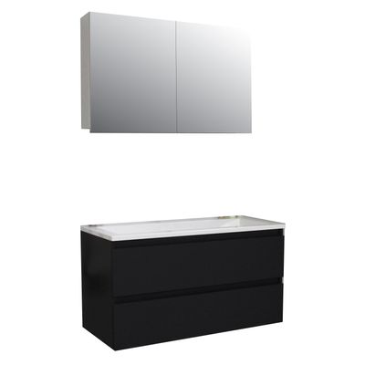 Badkamermeubel BWS Pepper Wastafel Acryl Incl Spiegelkast 2 Deurs Met 1 Krg 100x55x46 cm Mat Zwart