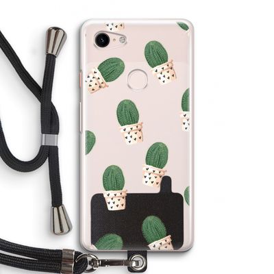 Cactusprint roze: Pixel 3 Transparant Hoesje met koord