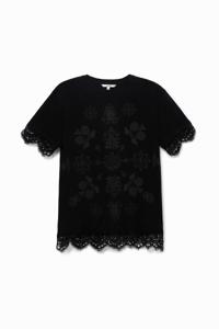 T-shirt met gebloemd ontwerp en kant - BLACK - L