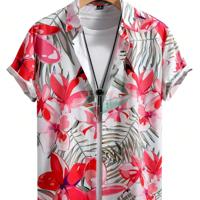 Men's Tropical Floral Print Short Sleeve Casual Button Front Shirt Multicolor-5 / L