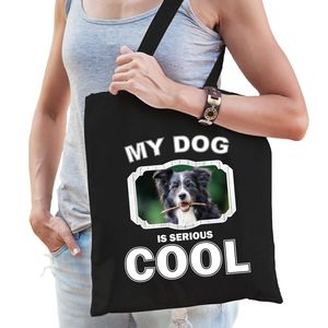 Katoenen tasje my dog is serious cool zwart - Border collie honden cadeau tas