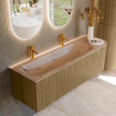 Badmeubel Mondiaz Kurve-Dlux | 145 cm | Meubelkleur Dusk | Wastafelkleur Arena | Solid surface | Wasbak linker zijde spoelbak | 2 kraangaten
