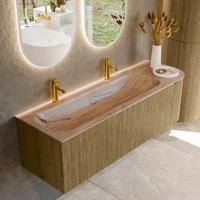 Badmeubel Mondiaz Kurve-Dlux | 145 cm | Meubelkleur Dusk | Wastafelkleur Arena | Solid surface | Wasbak linker zijde spoelbak | 2 kraangaten