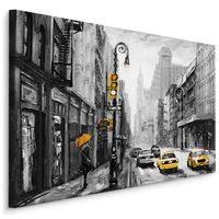 Schilderij - Regen in New York City (print op canvas), zwart-wit/geel, 4 maten, wanddecoratie - thumbnail