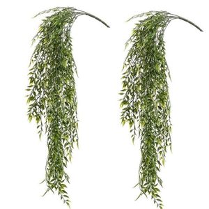 2x Kunstplant groene bamboe hangplant/tak 80 cm UV bestendig