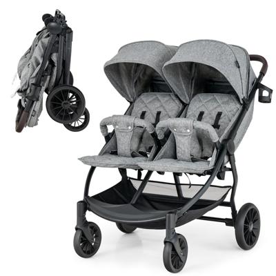 Opvouwbare Dubbele Kinderwagen Kinderwagen met Individuele Rugleuning Verstelbare Rugleuning Voetsteun en Luifel Grijs