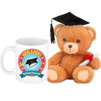 Geslaagd gefeliciteerd kado koffie mok / beker - met afstudeer cadeau knuffel - graduation beertje